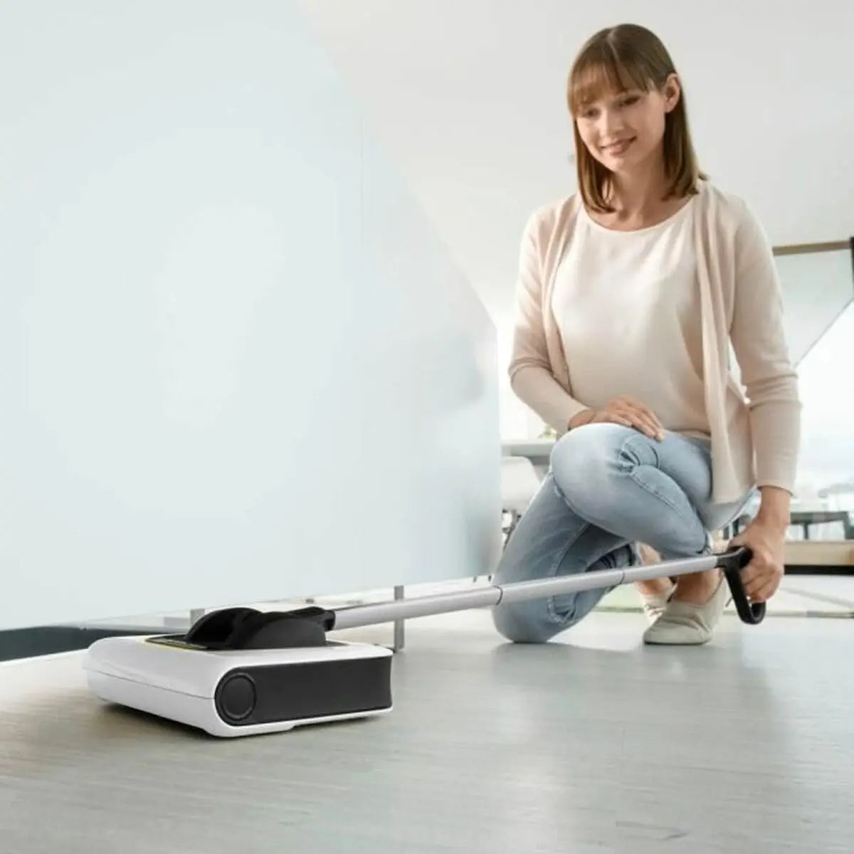 Electric Floor Sweeper Broom for Carpets, Hardwood Floors and Tiles, Lightweight Cordless Ideal for Fur Hair Dirt Dust - White