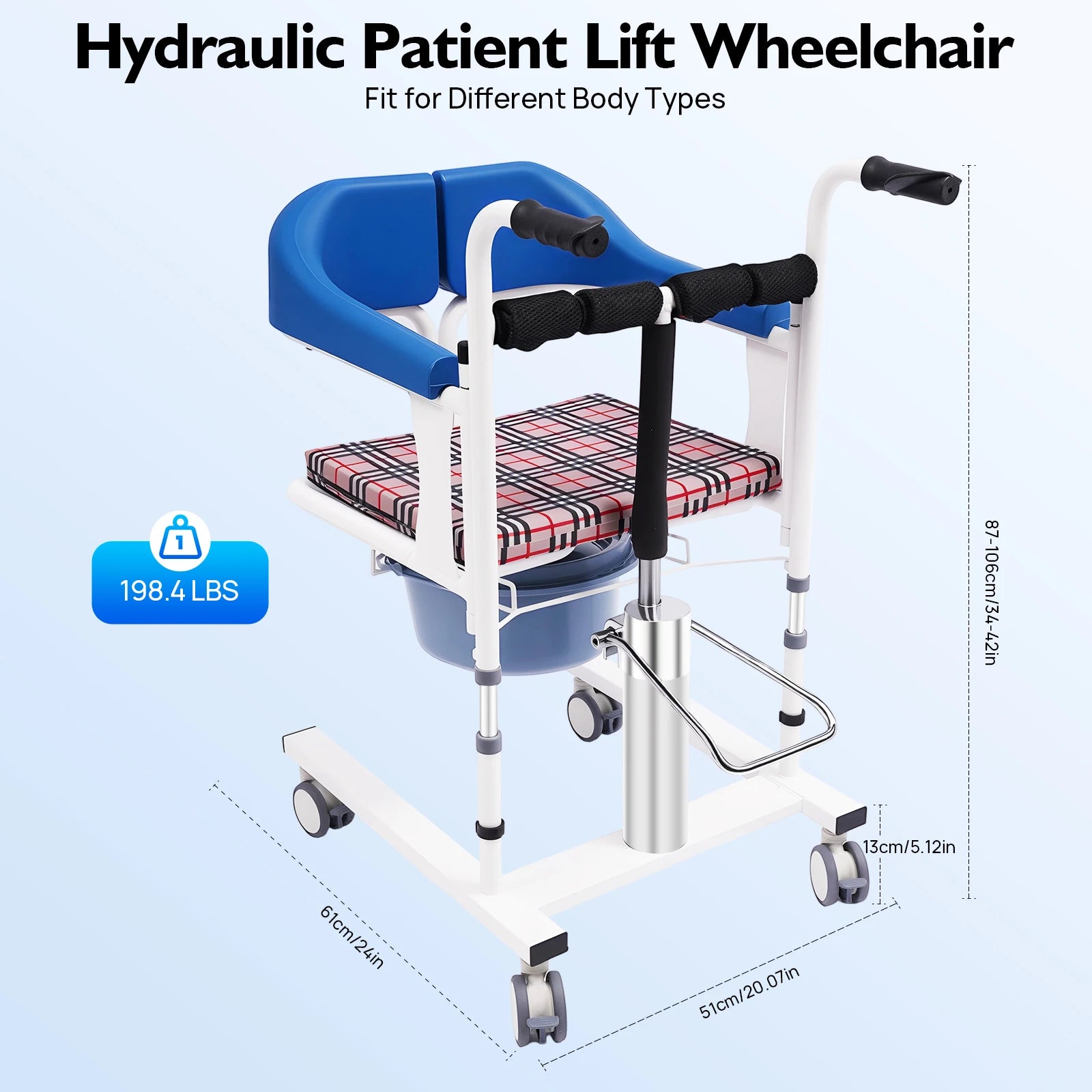 Hydraulic Patient Lift Nursing Chair Transport Seat with Commode, Adjustable Height Transfer Wheelchair for Elderly and Disabled