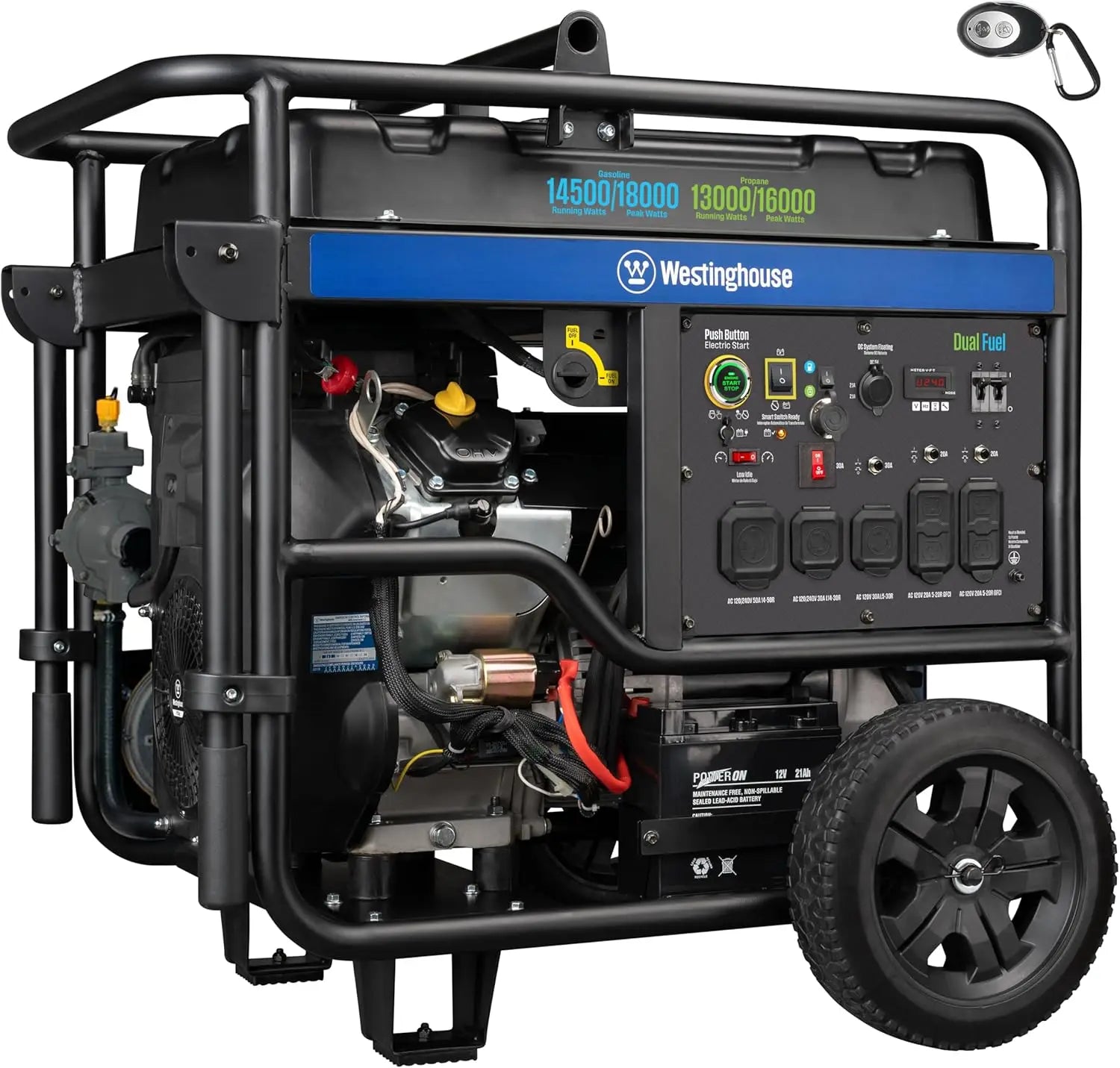 Dual Fuel Portable Generator with Remote Start, 18000 Peak Watts, Transfer Switch Ready for Home Backup