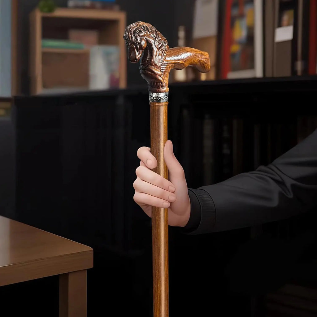 Elegant Hand-Carved Horse Head Wooden Walking Cane for Men and Women, Light Stable High-end Cane Suitable for Gift Giving