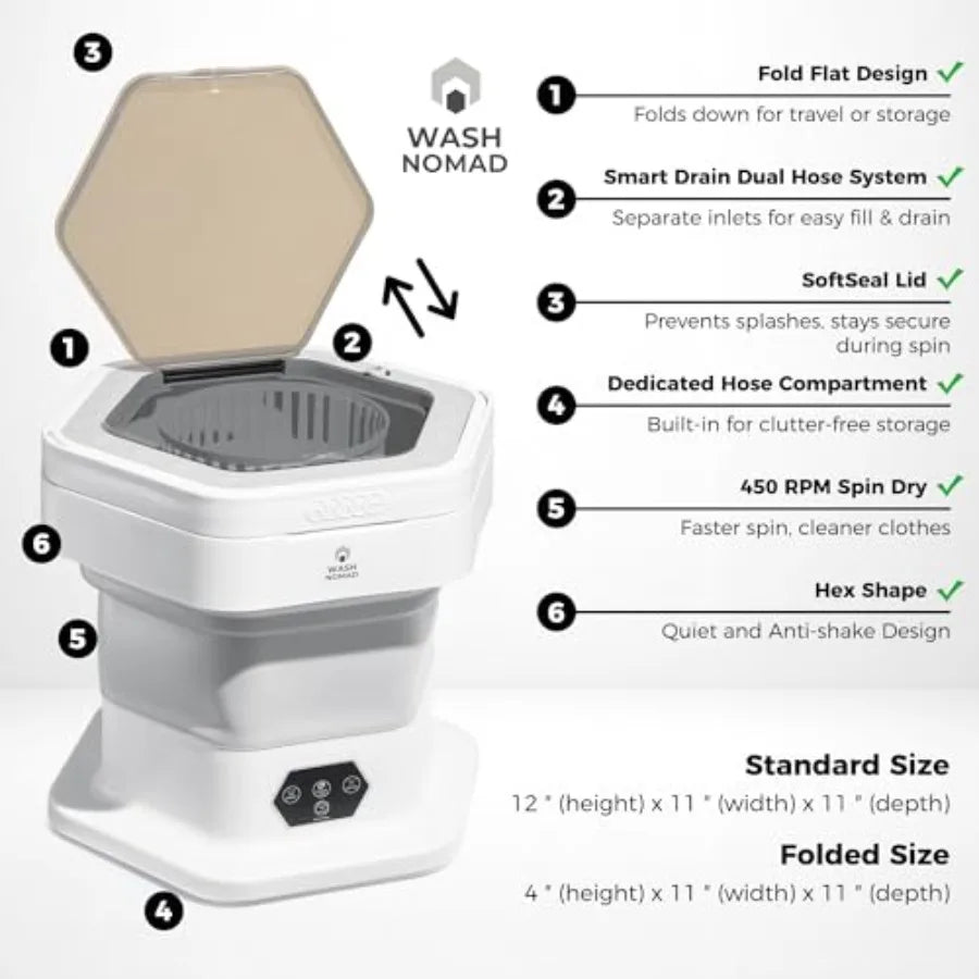 Portable 12L Folding Washing Machine for Baby Clothes Underwear Delicates - Foldable Quiet Space-Saving Laundry Machine in Whit