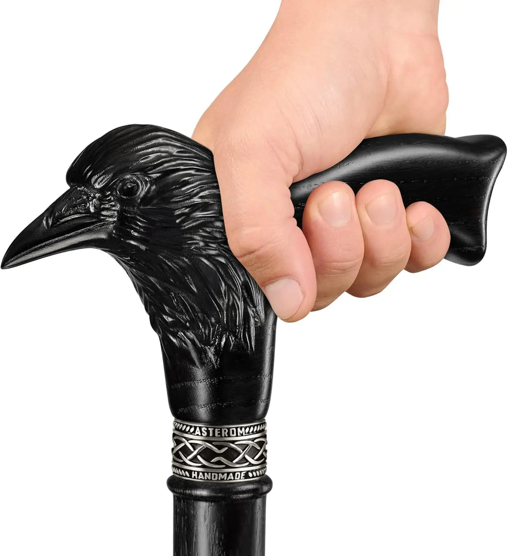 Handmade Wooden Carved Walking Cane for Men and Women - Raven Design Gothic Style Walking Stick