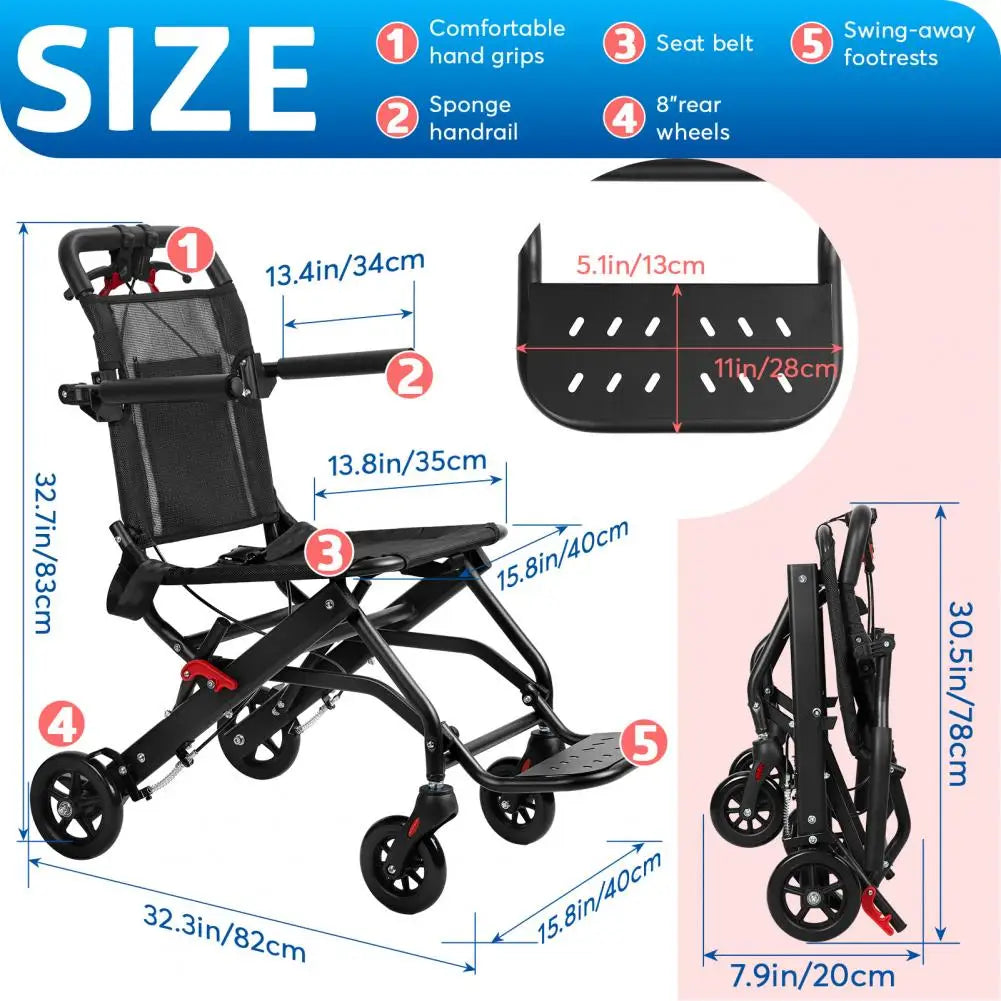 Foldable Wheelchair for Adult , Aluminum Alloy Thin Wheelchair with Flip-up Armrest, Portable Travel Wheelchair, Bearing 286lbs