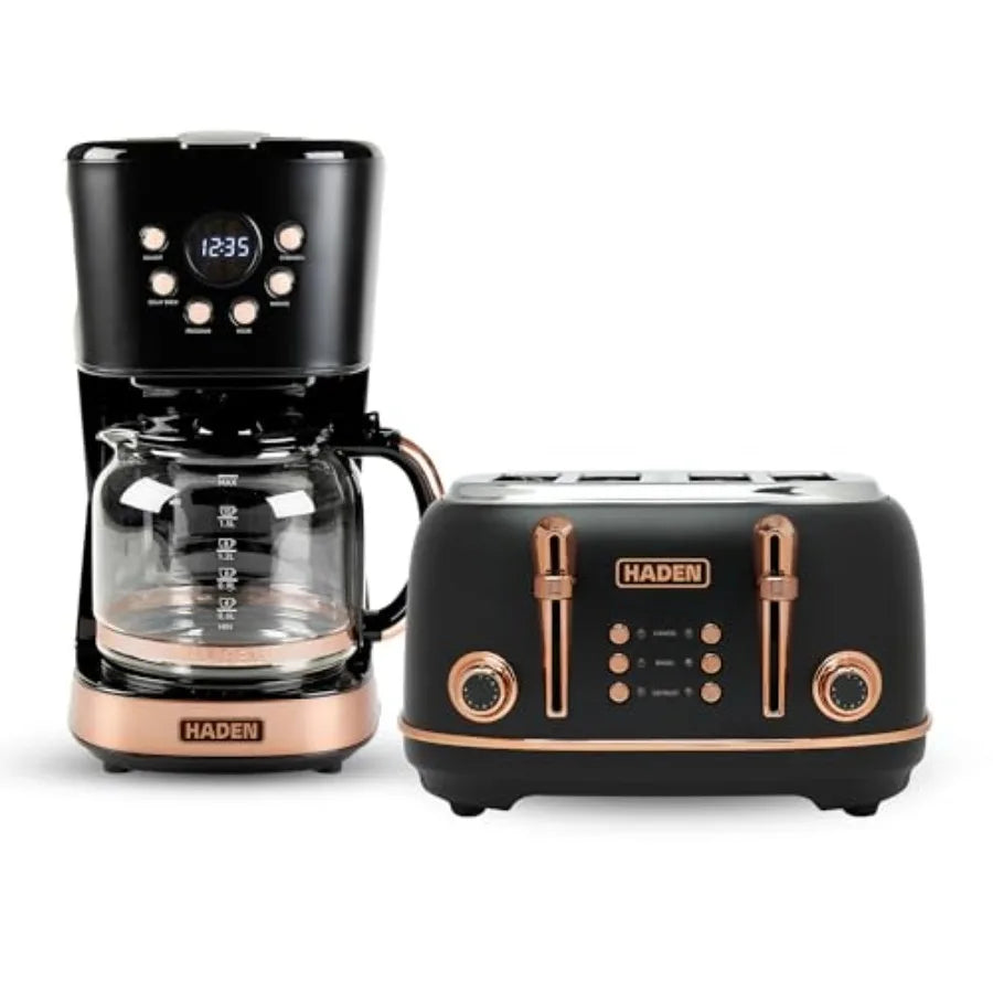 4-Slice Wide Slot Stainless Steel Toaster with 12-Cup Programmable Drip Coffee Maker in Black and Copper for Home Kitchen Use