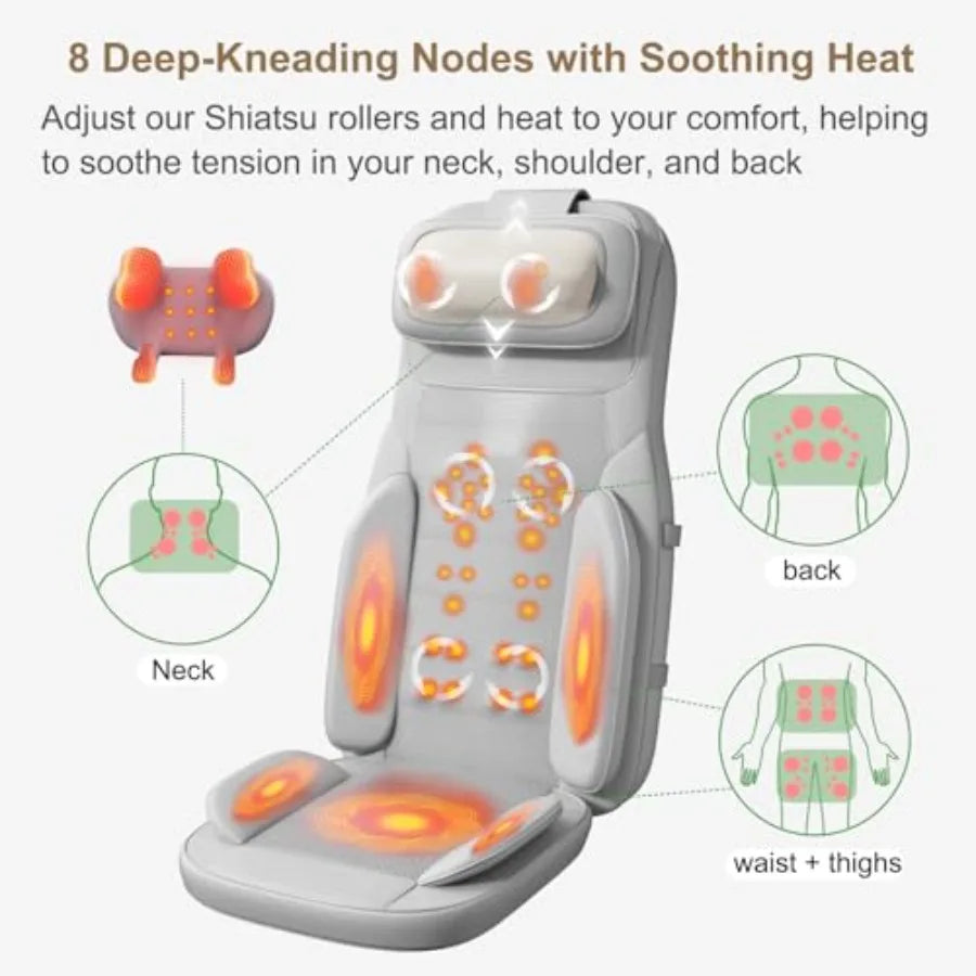 Shiatsu Neck and Back Massage Cushion with Heat - 4D Deep Tissue Kneading Full-Back Massager for Stress Relief Adjustable Inten