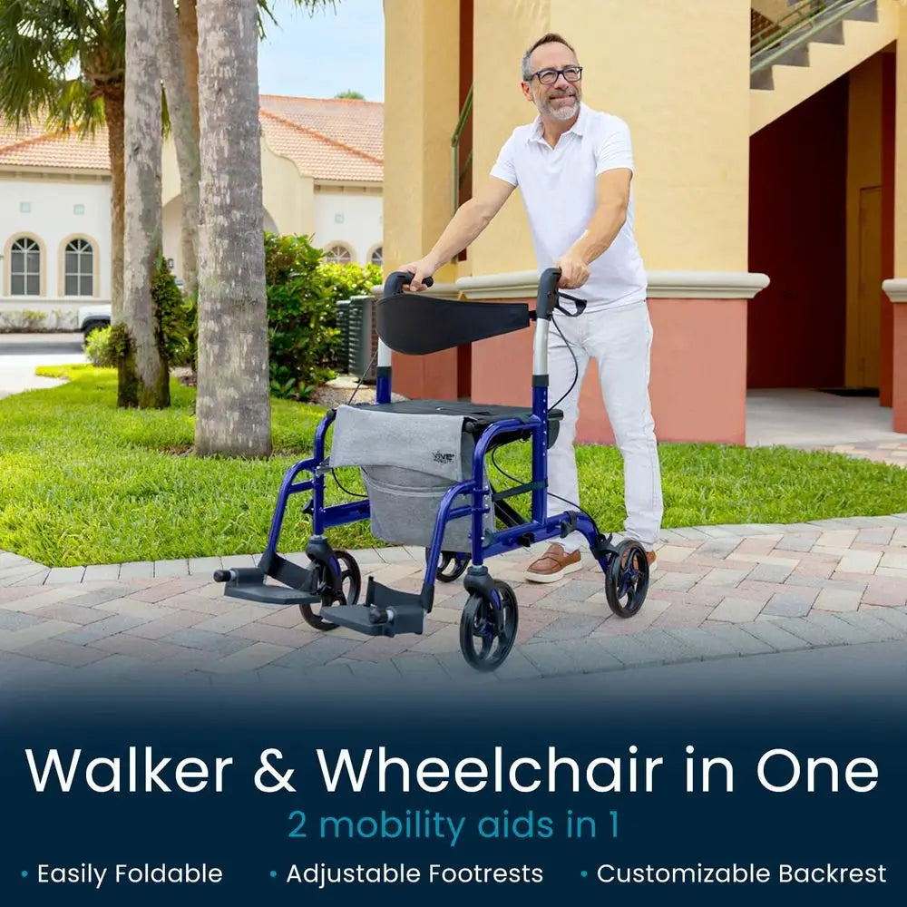 Walker Wheelchair Combo Rollator Transport Chair for Seniors with Seat, 8 Inch Wheels, Foldable Lightweight Aluminum Frame, 300