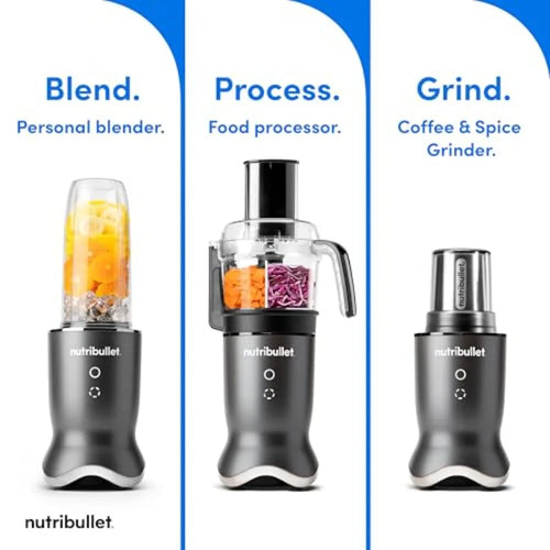 3-1 Compact Kitchen System 1200W with Blender Food Processor Coffee and Spice Grinder Gunmetal Gray 32oz 24oz Blending Cups 2-C