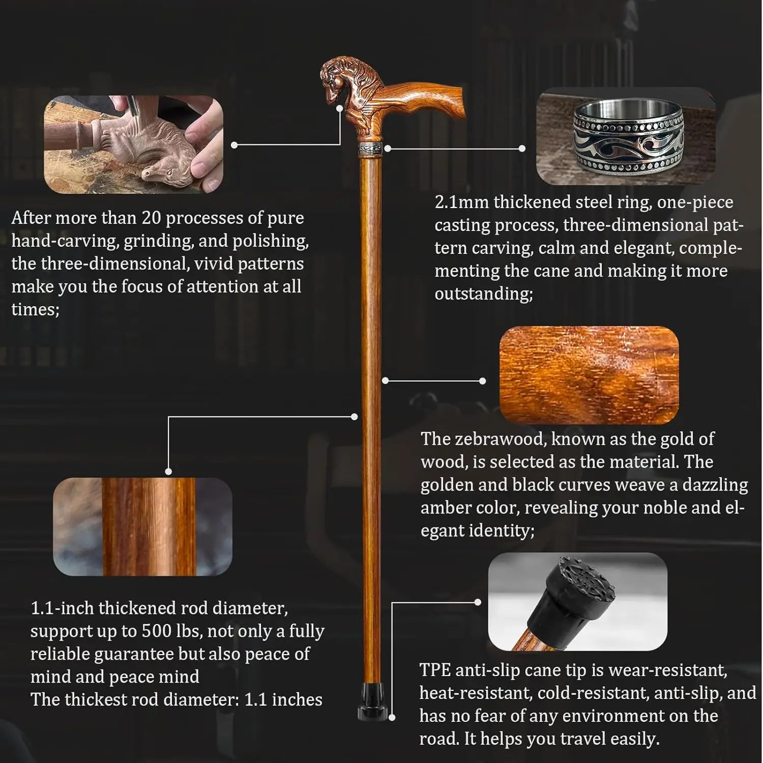 Elegant Hand-Carved Horse Head Wooden Walking Cane for Men and Women, Light Stable High-end Cane Suitable for Gift Giving
