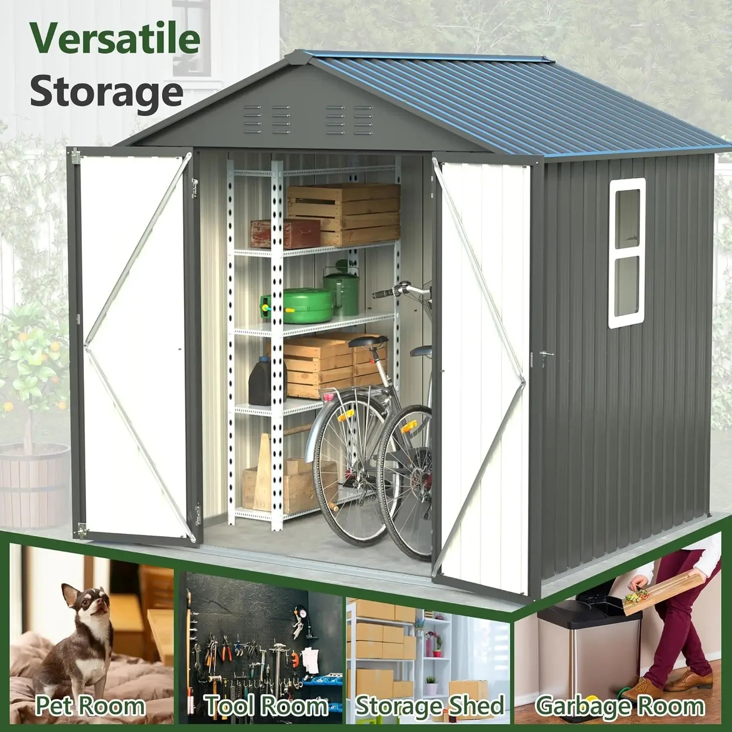 Galvanized Steel Storage Shed Metal Garden Tool Utility Outdoor Backyard Patio Lawn Storage House