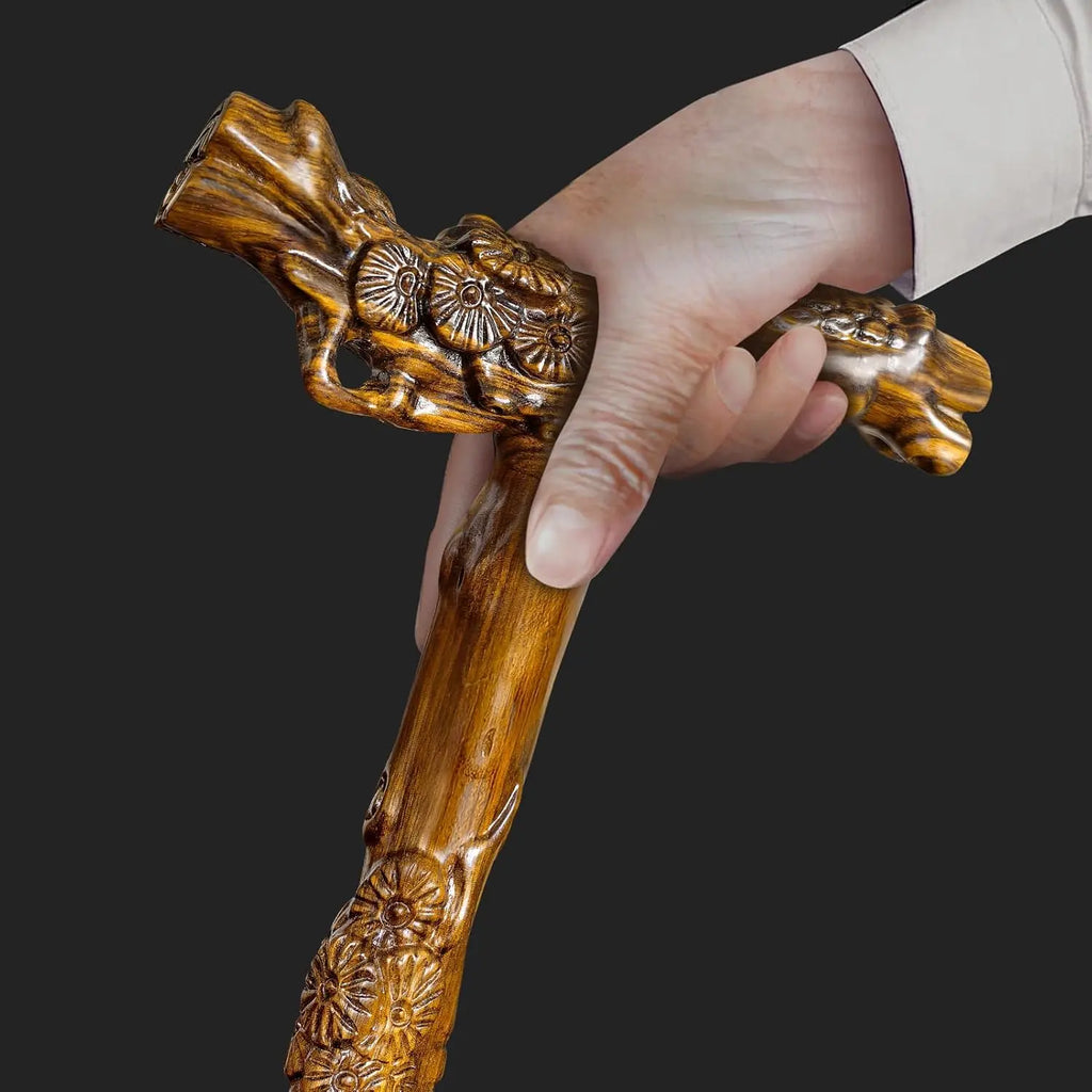 Hand-Carved Wooden Walking Cane with Massage Function, Supports up to 500lbs, High-end Senior Cane Suitable for Gift Giving