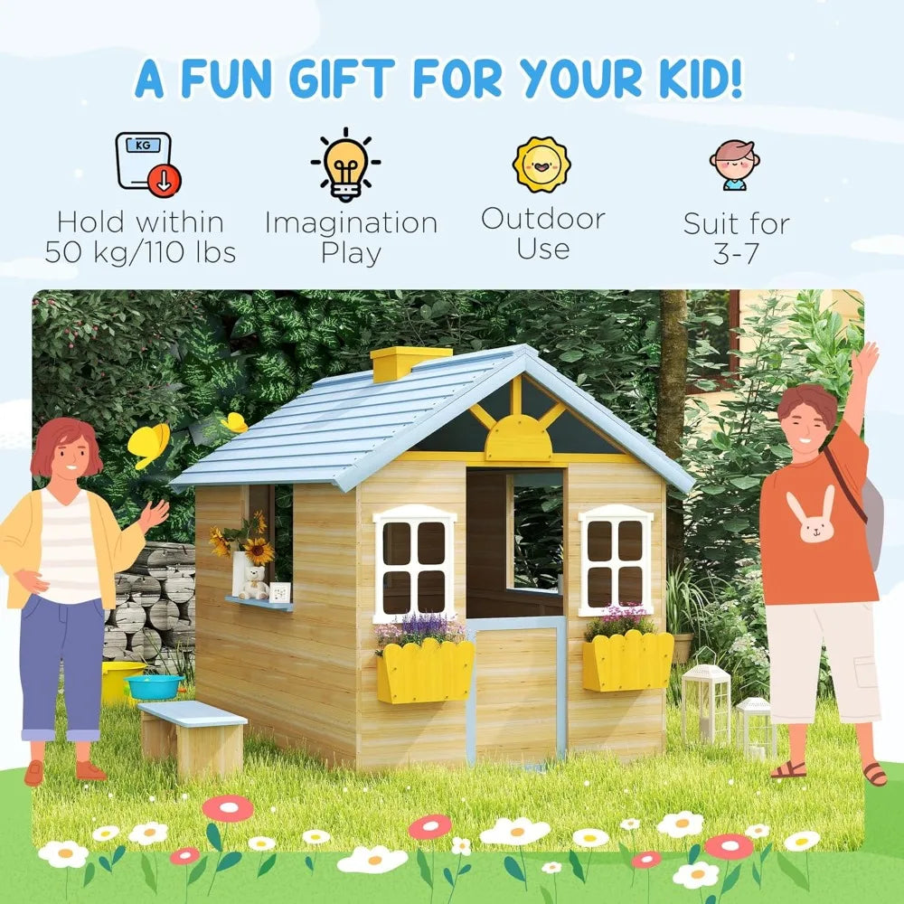 Outdoor Garden Wooden Playhouse with Operable Doors and Windows, Bench, Customizable