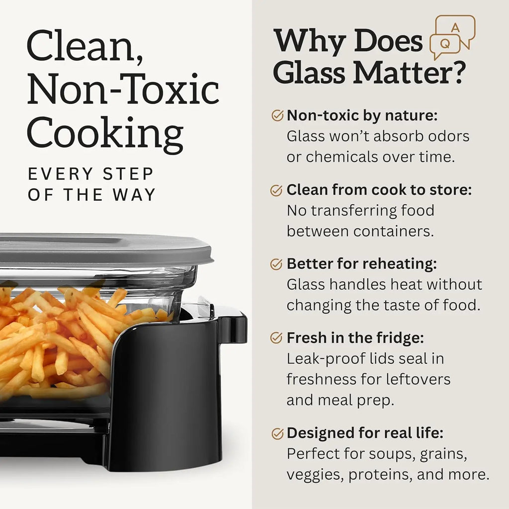 4-in-1 Portable Glass Air Fryer, 1500W with 6.3QT & 4.4QT Containers, Microwave Safe