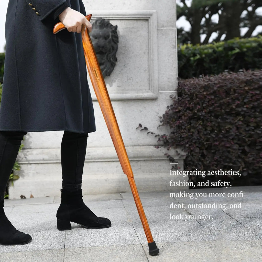 Natural Solid Wood Walking Cane with 3 Rubber Tips, Heavy Duty and Travel Bag - Ergonomic Unisex Cane for Seniors
