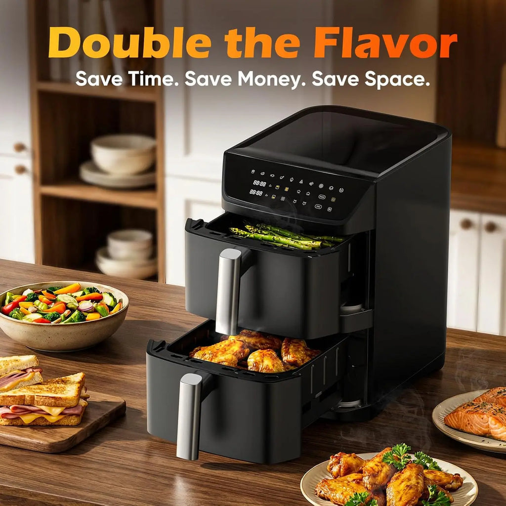 12.6QT Dual Basket Air Fryer for 10-12 People, Cooks Whole Chicken, 10-in-1 Functions with SyncFinish, Dishwasher-Safe