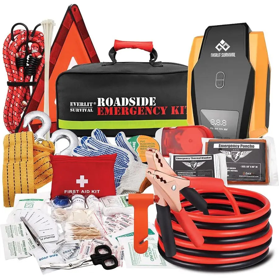 Survival Car Emergency Kit, Roadside Safety Tool Kit with Gloves,Digital Auto Air Compressor Tire Inflator, First Aid Kit, 12 Fe