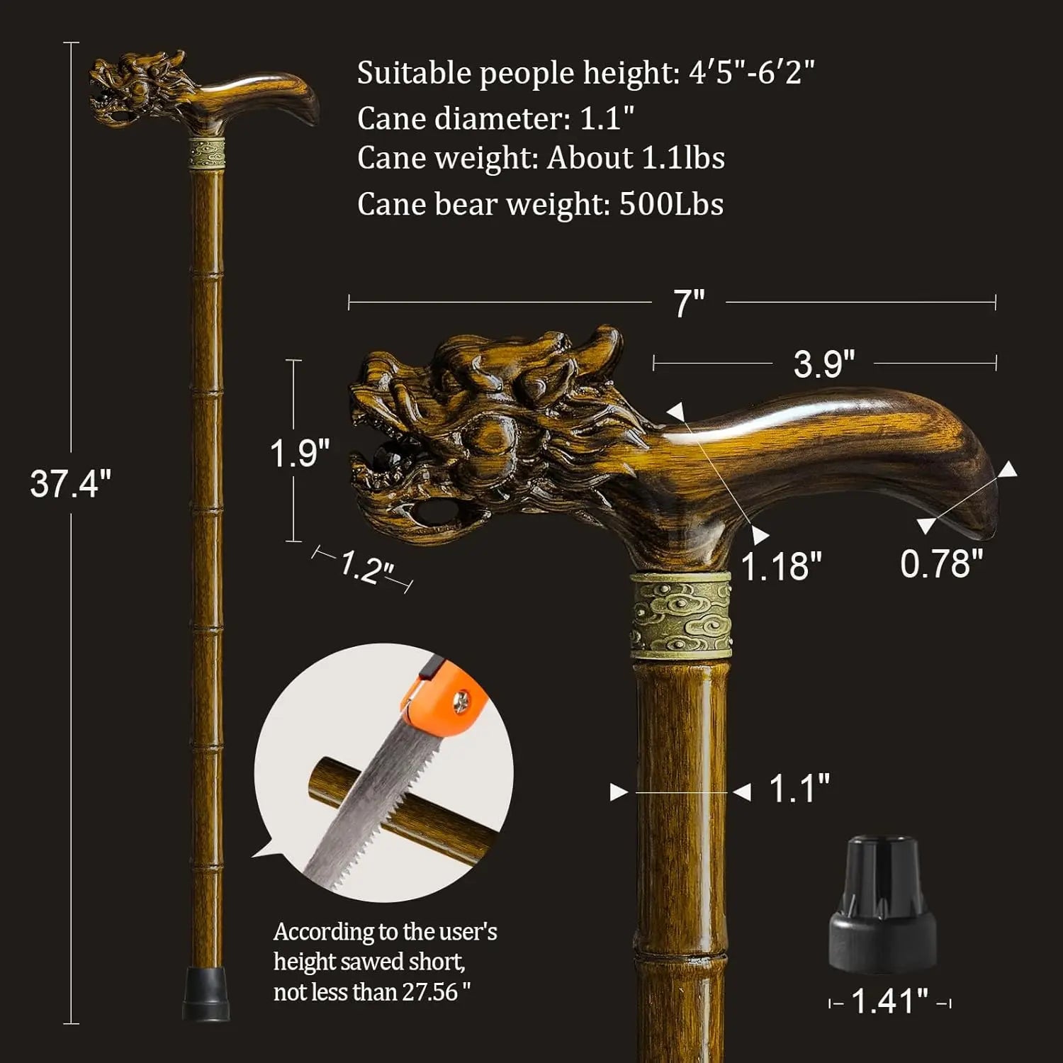 Hand Carved Wooden Walking Cane for Men and Women, Lightweight Design Supports Up to 500lbs, Ideal for Seniors and Gift Use
