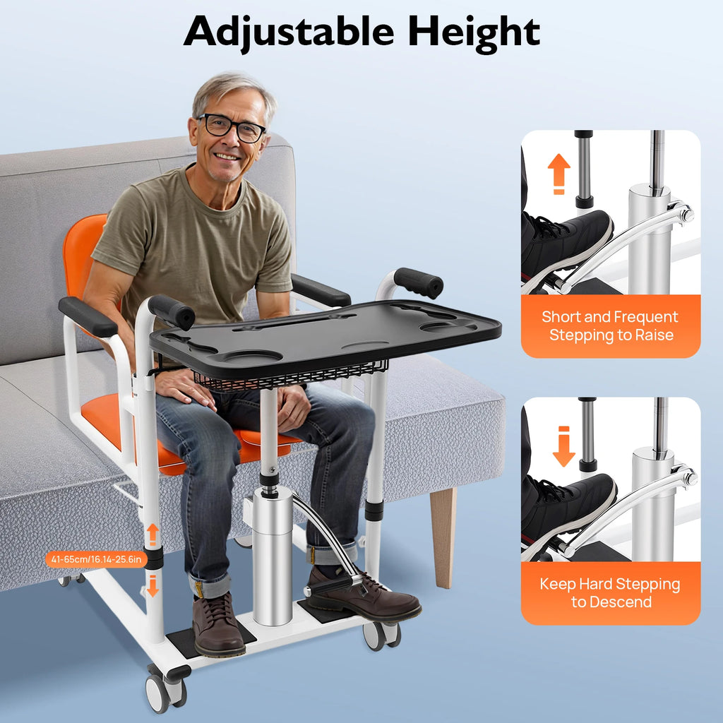 Hydraulic Patient Lift Nursing Chair 4 in 1 Shower Seat Transport Wheelchair 180° Open & Close, Adjustable Height Transfer Aid