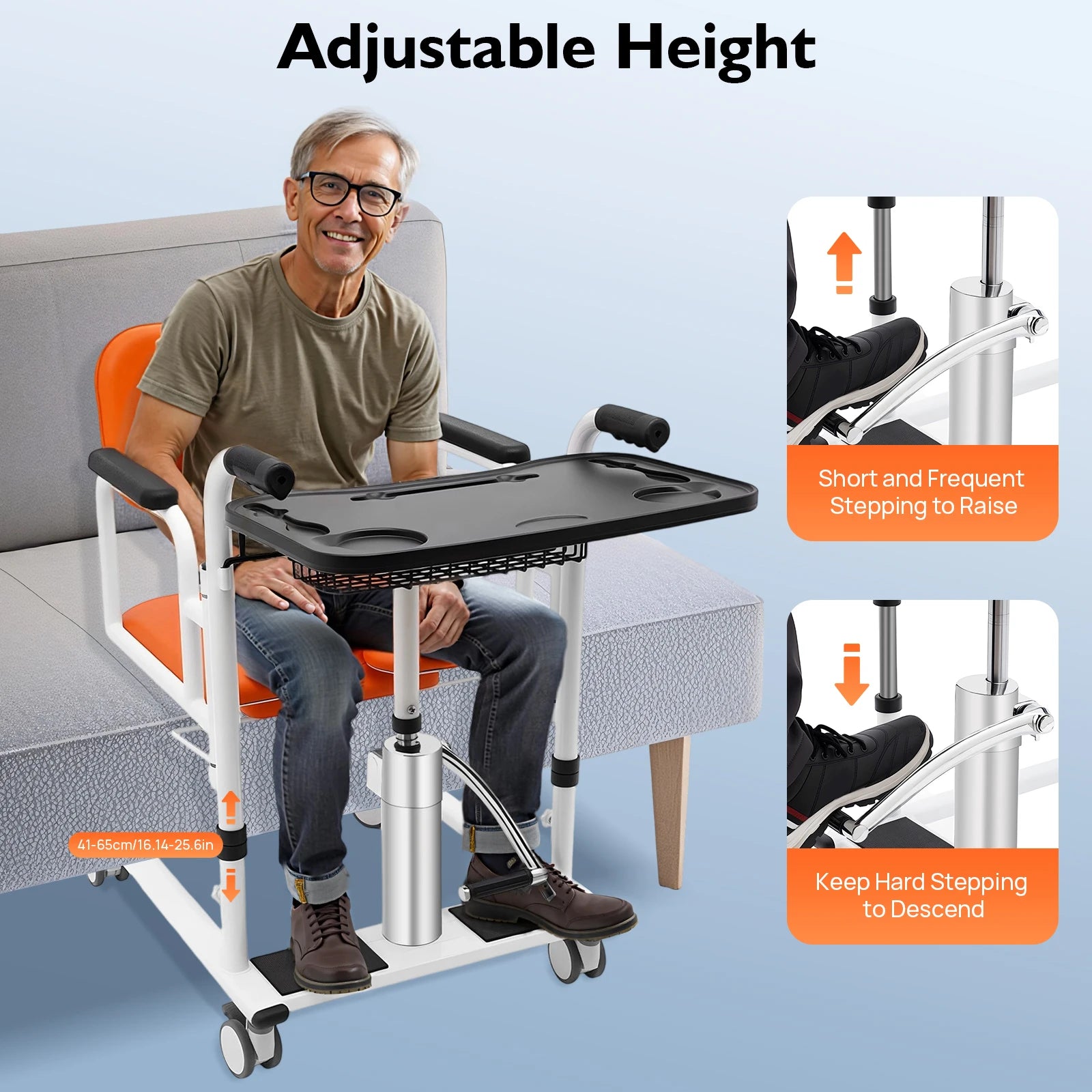 Hydraulic Patient Lift Nursing Chair 4 in 1 Shower Seat Transport Wheelchair 180° Open & Close, Adjustable Height Transfer Aid