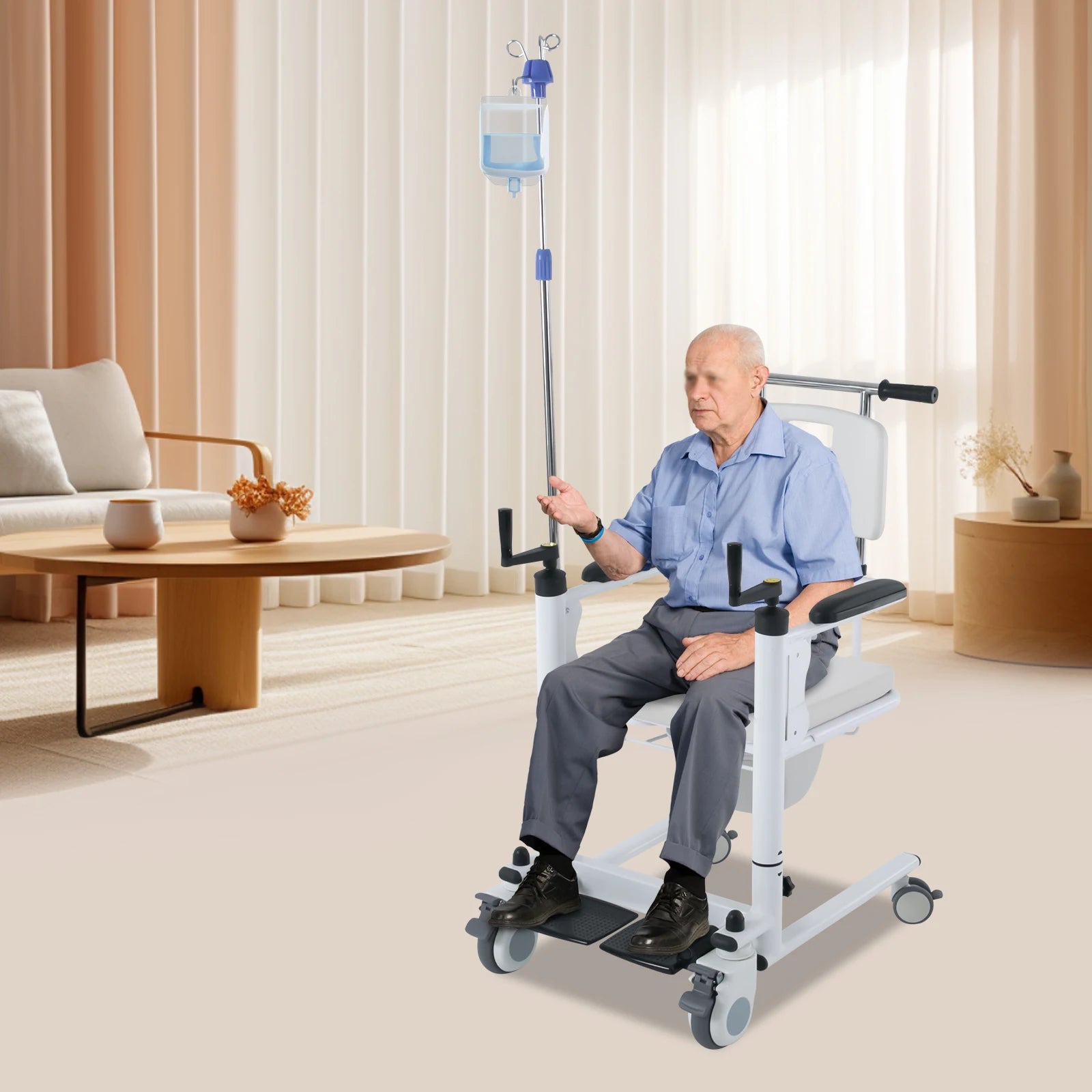 Patient Lift Chair, Transport Bath Seat with Commode, Adjustable Height Transfer Rolling Tool for Pregnant, Elderly, Disabled