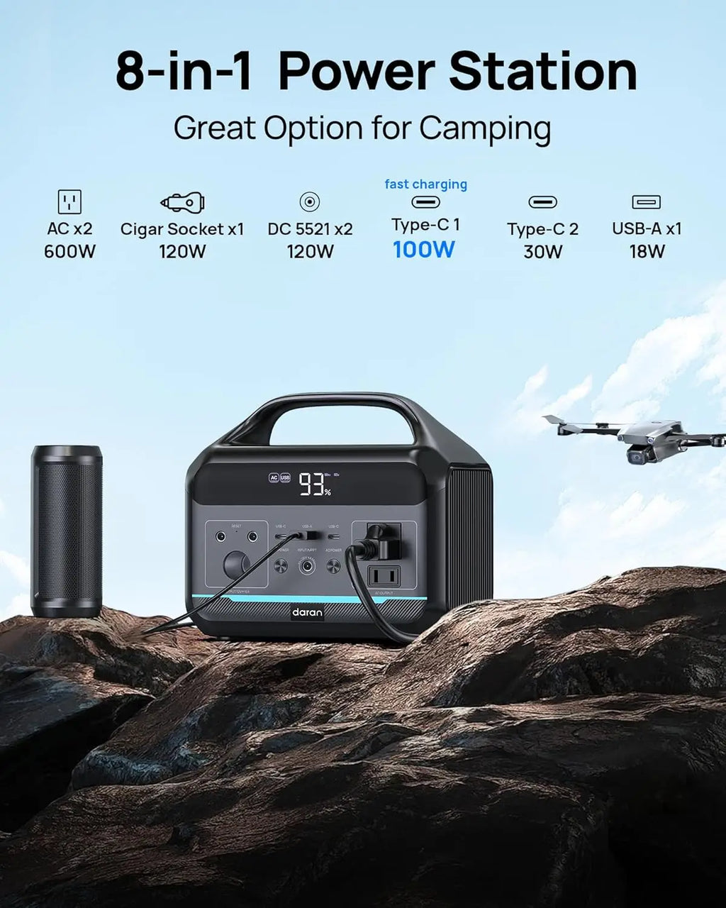 Portable Power Station 600W (1200W Surge) - 288Wh LiFePO4 Solar Generator with AC/DC Outlets, 8.3LB for Camping, RV, Emergency
