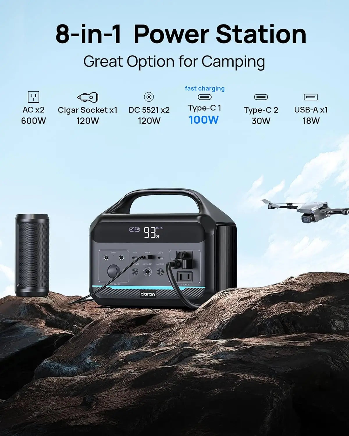 Portable Power Station 600W (1200W Surge) - 288Wh LiFePO4 Solar Generator with AC/DC Outlets, 8.3LB for Camping, RV, Emergency