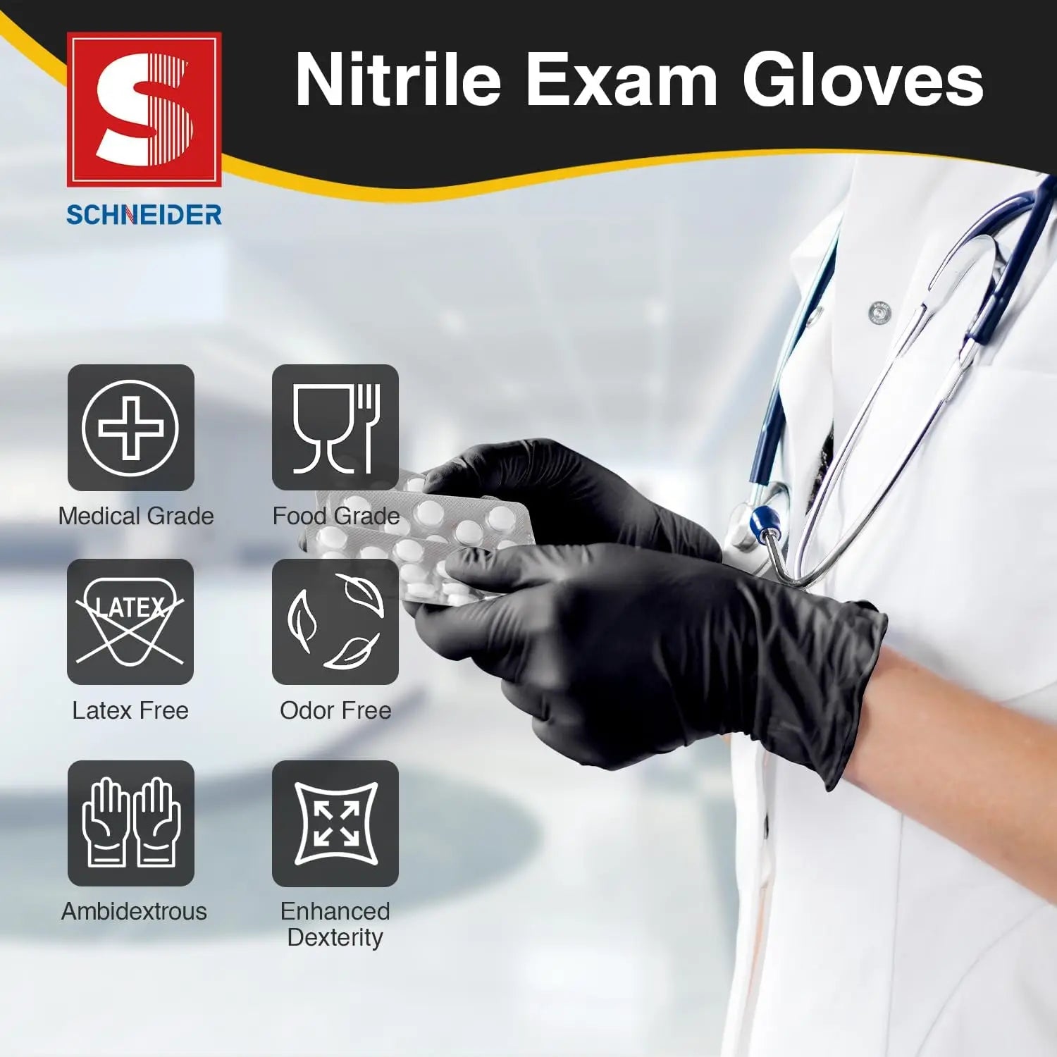 Nitrile Exam Gloves, Black Latex Free Powder Free Disposable Gloves for Medical, Cooking, Cleaning, and Food Prep
