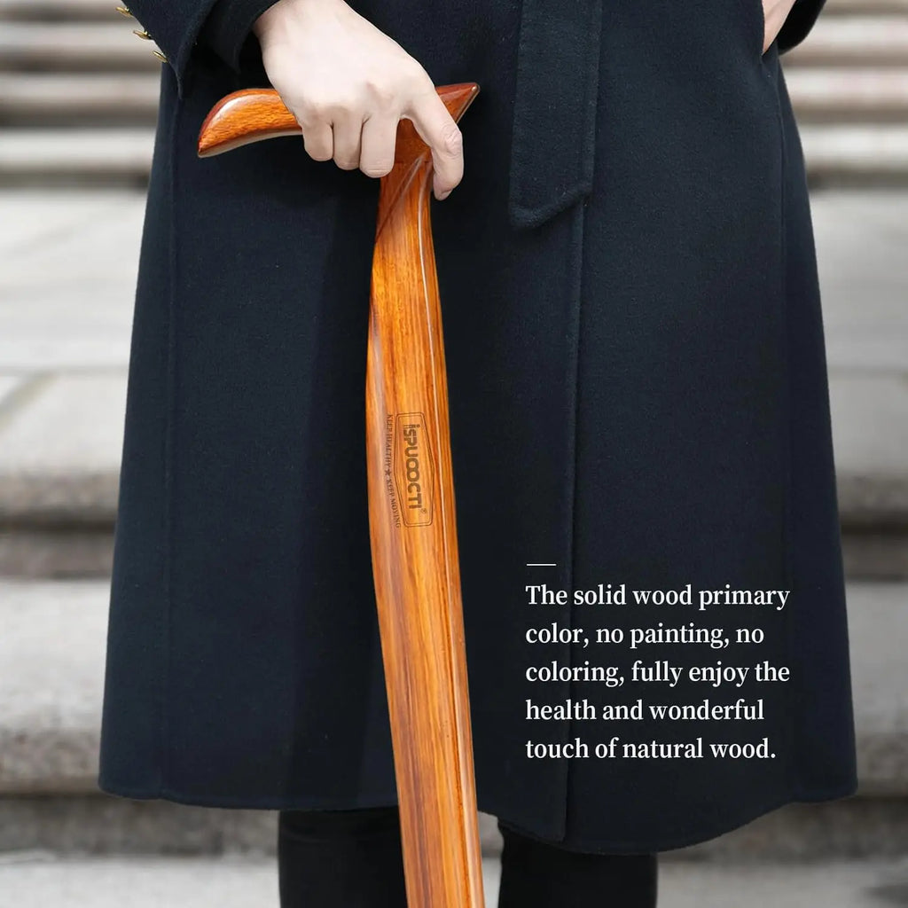 Natural Solid Wood Walking Cane with 3 Rubber Tips, Heavy Duty and Travel Bag - Ergonomic Unisex Cane for Seniors