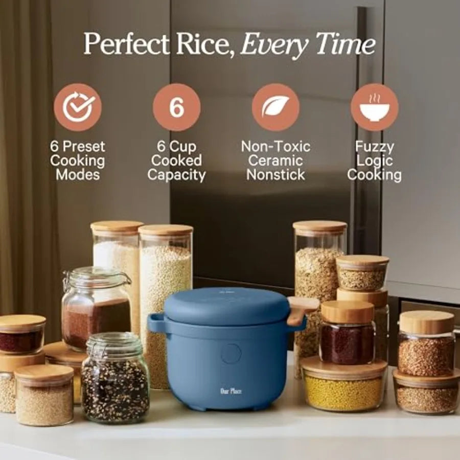 6-Cup Compact Rice Cooker with Ceramic Nonstick Inner Pot for White Brown Rice Oatmeal Grains Fuzzy Logic Multi-Cooker with Del