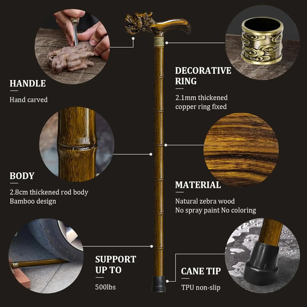 Hand Carved Wooden Walking Cane for Men and Women, Lightweight Design Supports Up to 500lbs, Ideal for Seniors and Gift Use