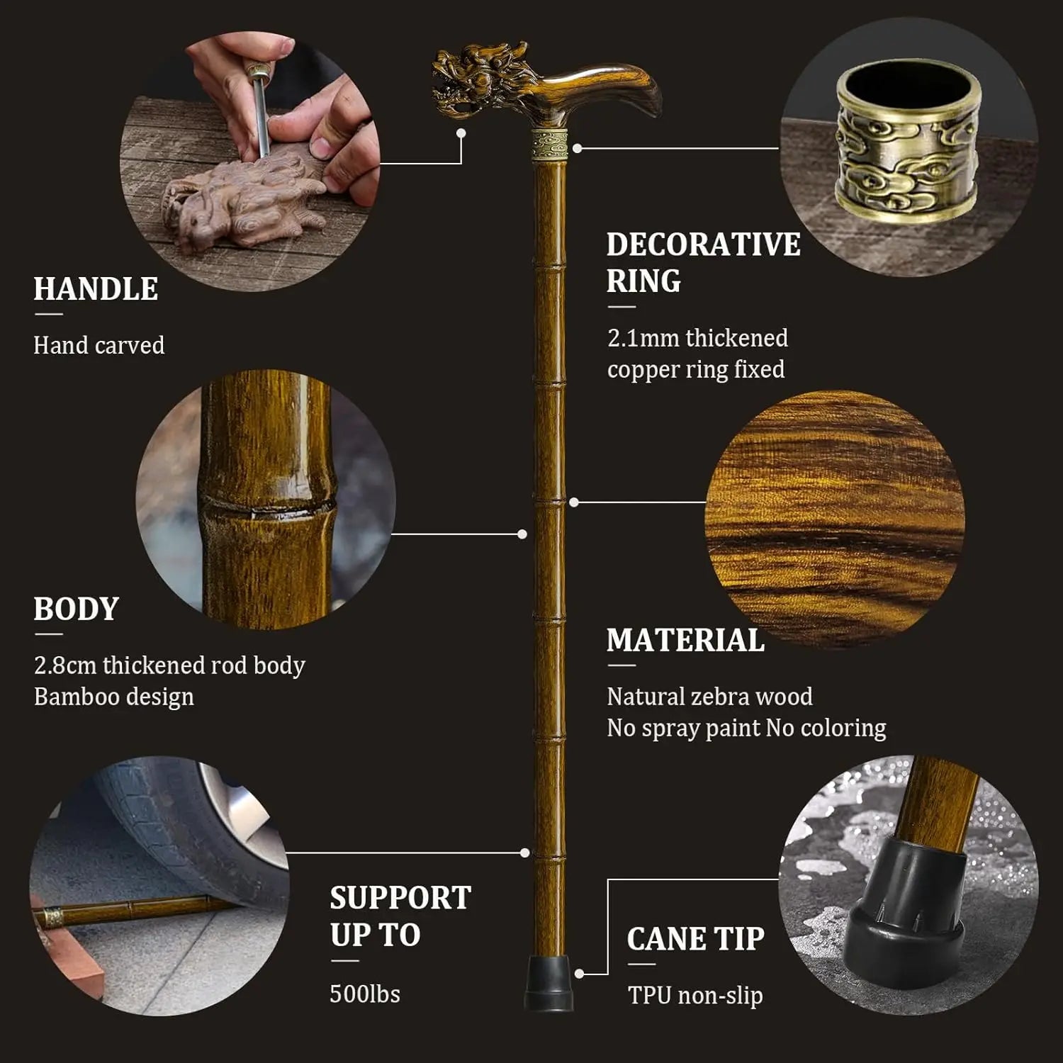 Hand Carved Wooden Walking Cane for Men and Women, Lightweight Design Supports Up to 500lbs, Ideal for Seniors and Gift Use