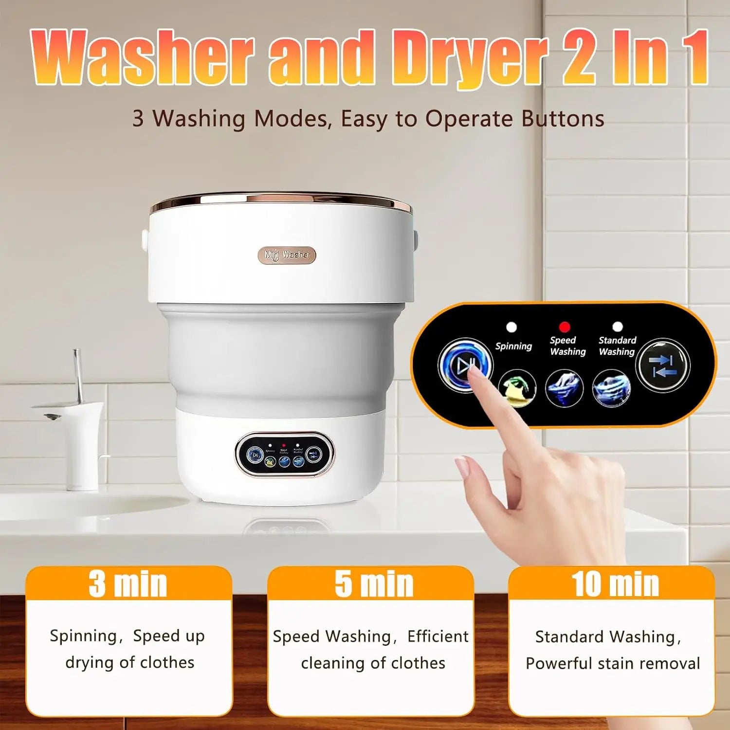 Portable Washing Machine, 15L Collapsible Mini Washer with 3 Modes for Travel Camping Dorms Apartments
