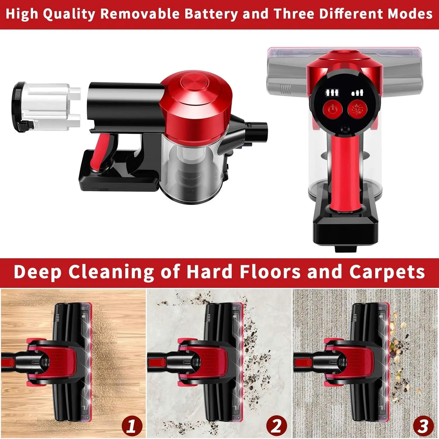 Cordless Vacuum Cleaner with 2200mAh Battery, 18000Pa Suction, HEPA Filter for Hard Floor and Car Cleaning