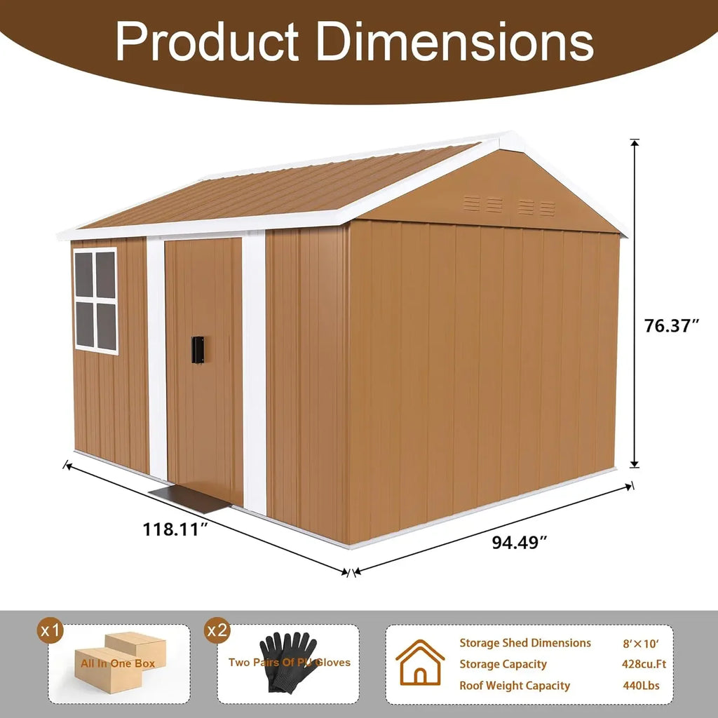 10x8 FT Outdoor Steel Storage Shed with Clear Windows, Sliding Lockable Door & Ventilation, Brown and White Weather-Resistant Me