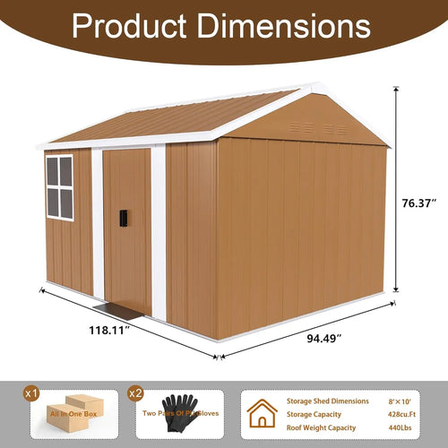 10x8 FT Outdoor Steel Storage Shed with Clear Windows, Sliding Lockable Door & Ventilation, Brown and White Weather-Resistant Me