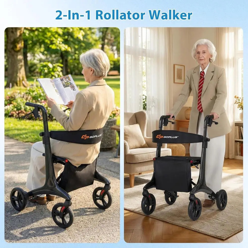 Ultralight Carbon Fiber Rollator Walker with 8 Wheels, 6-Position Handle, Adjustable Backrest for Adult Mobility