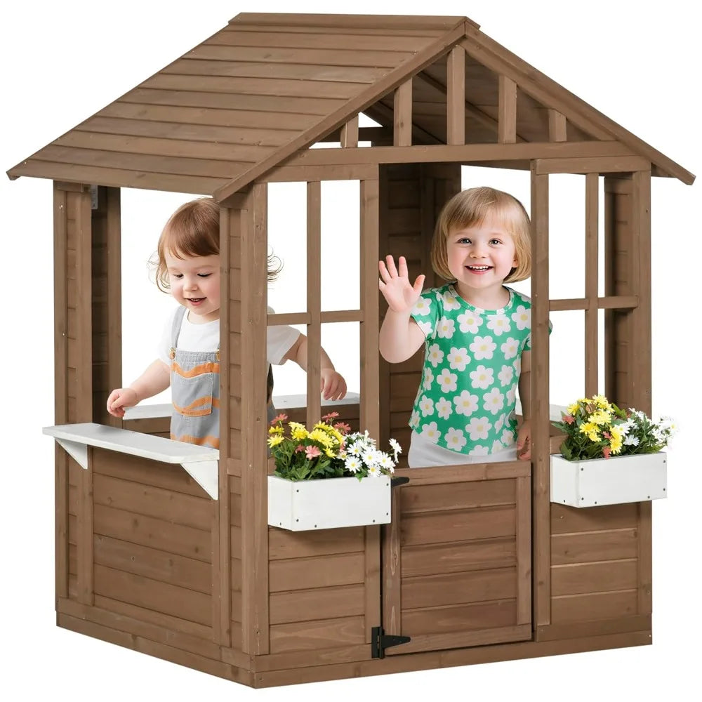 Wooden Playhouse, Outdoor Garden Games Cottage, with Working Door, Windows, Flowers Pot Holder, 47" X 38" X 54", Customized