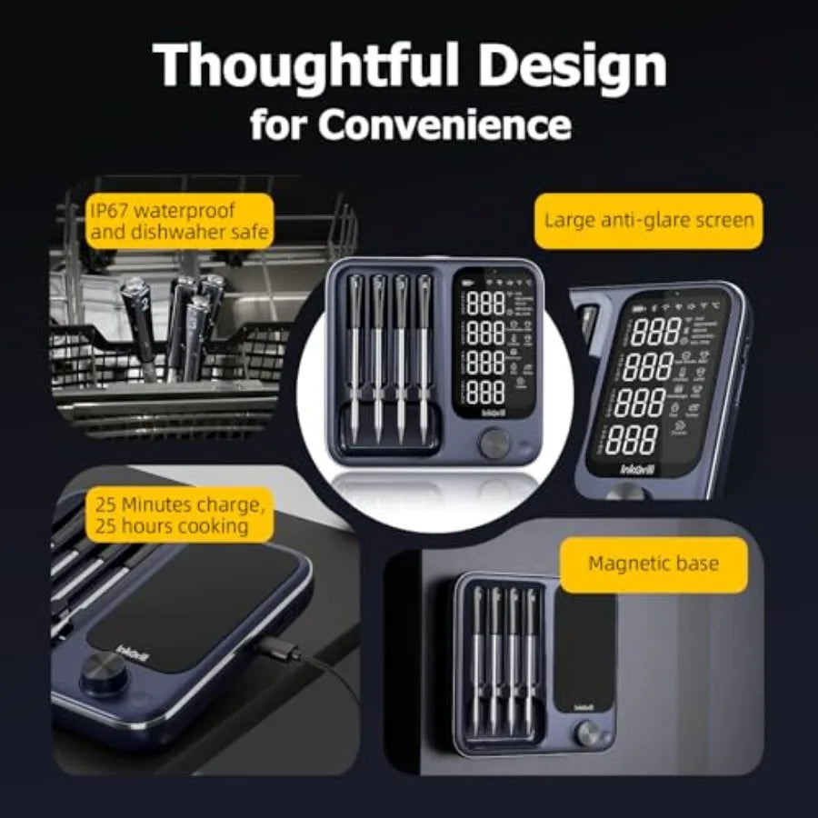 Wireless Meat Thermometer with APP Control 4 Probes Meat Thermometer Digital Unlimited Range WiFi and Bluetooth Meat Thermomete