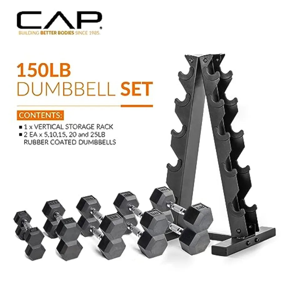 150 LB Rubber Coated Hex Dumbbell Hand Weight Set with Vertical Storage Rack - Chrome Handle Green Rack