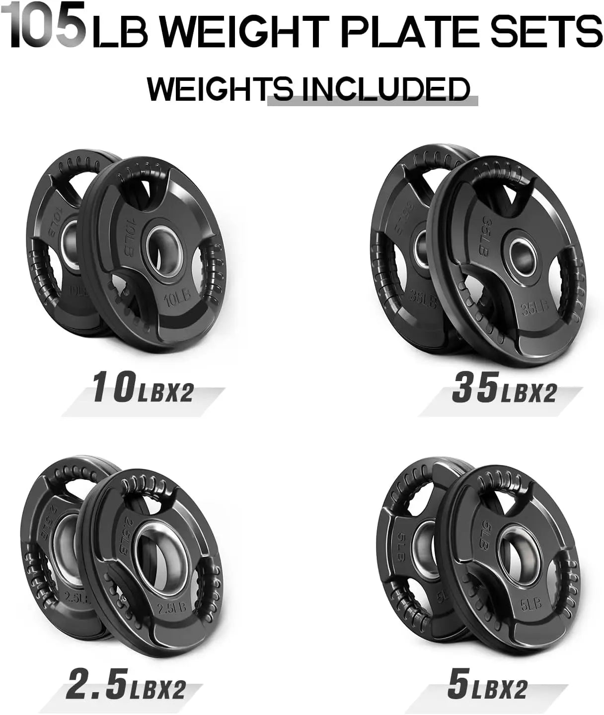 Rubber Grip Plates for Barbell, 2-Inch Weight Plates for Weightlifting and Strength Training in Home & Gym, 105 LB Set