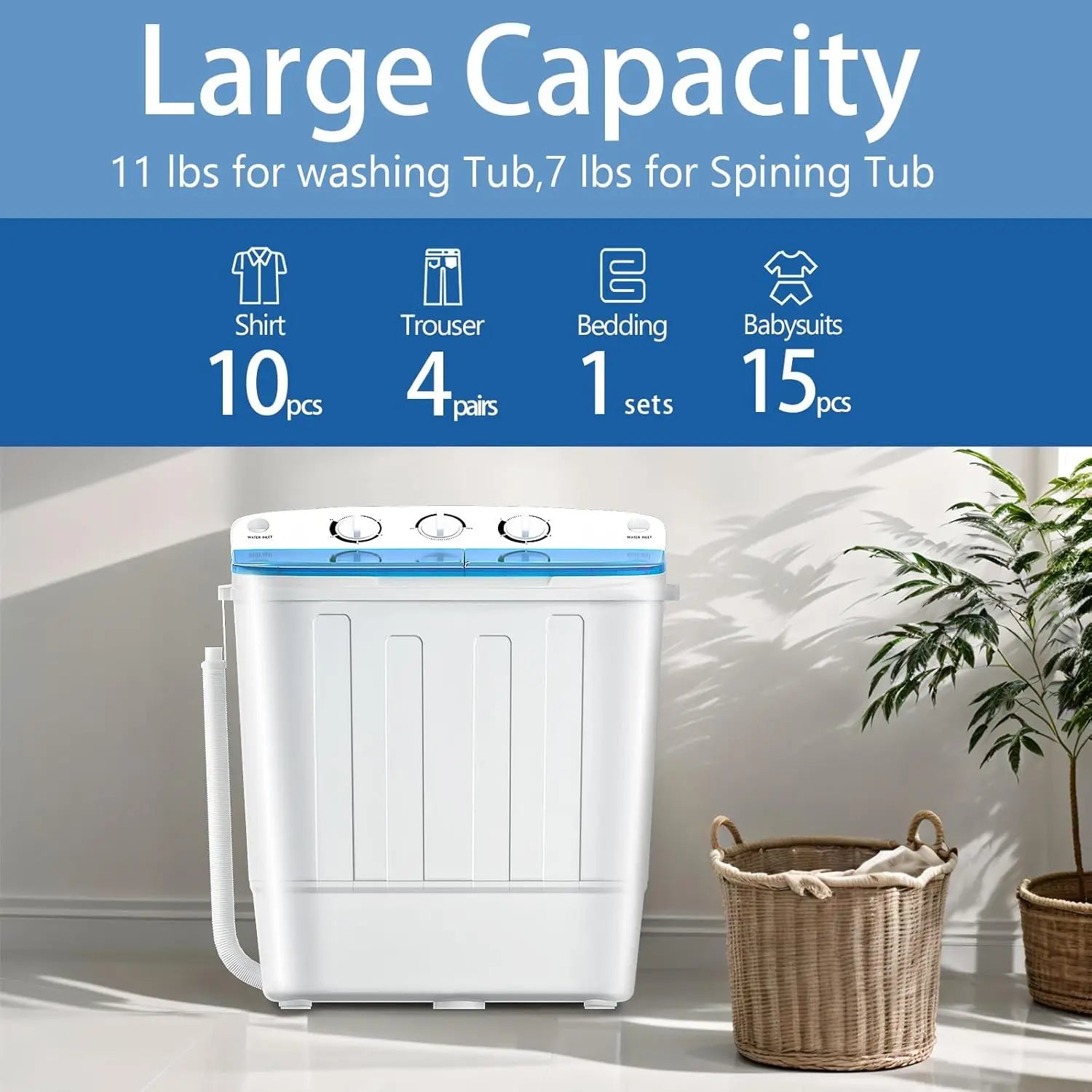 Twin Tub Mini Washing Machine for Dorm, RV, Camping, Apartment - Plastic Material, Free Drying Rack & 10 Hangers, 18lbs Compact