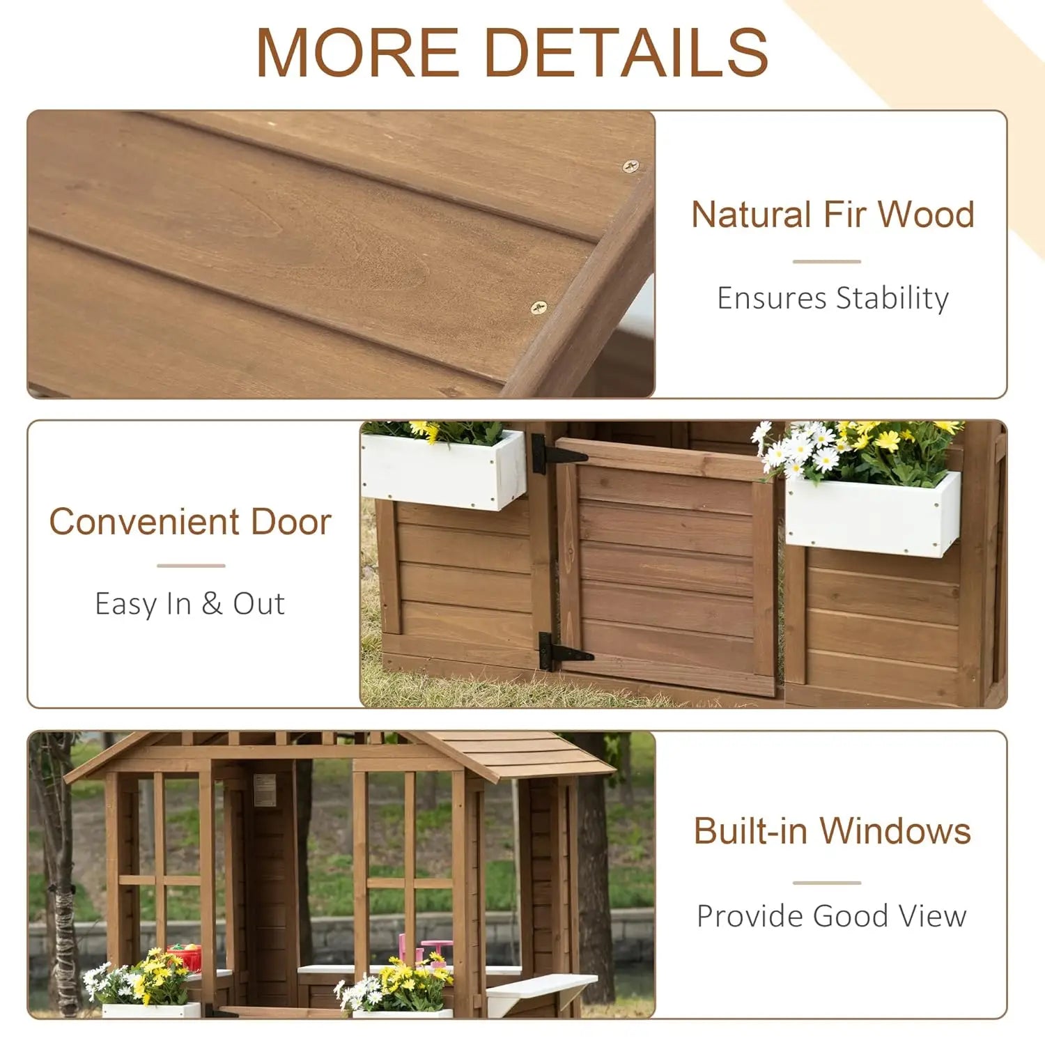 Kids Wooden Playhouse, Outdoor Garden Games Cottage, with Working Door, Windows, Flowers Pot Holder, 47" x 38" x 54", Customized