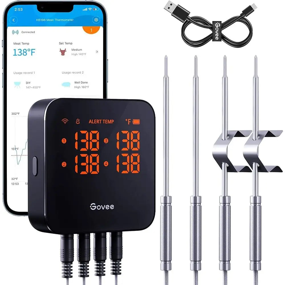4 Probe Wireless Meat Thermometer with Range App Notification Alert, Digital Rechargeable Bluetooth Food Thermometer for Smoker
