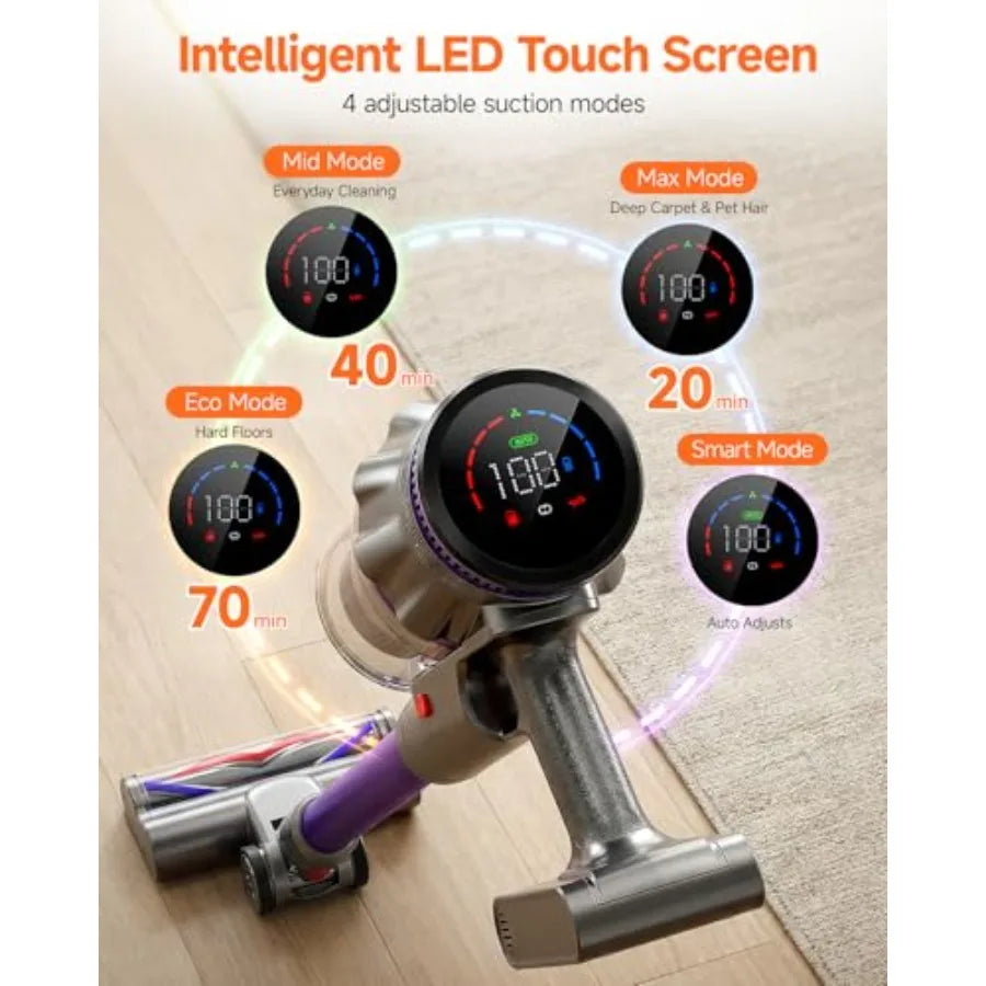 Cordless Vacuum Cleaner Powerful Stick Vacuum with 70Mins Runtime and Touch Screen Self-Standing Anti-Tangle Vacuum Cleaners fo