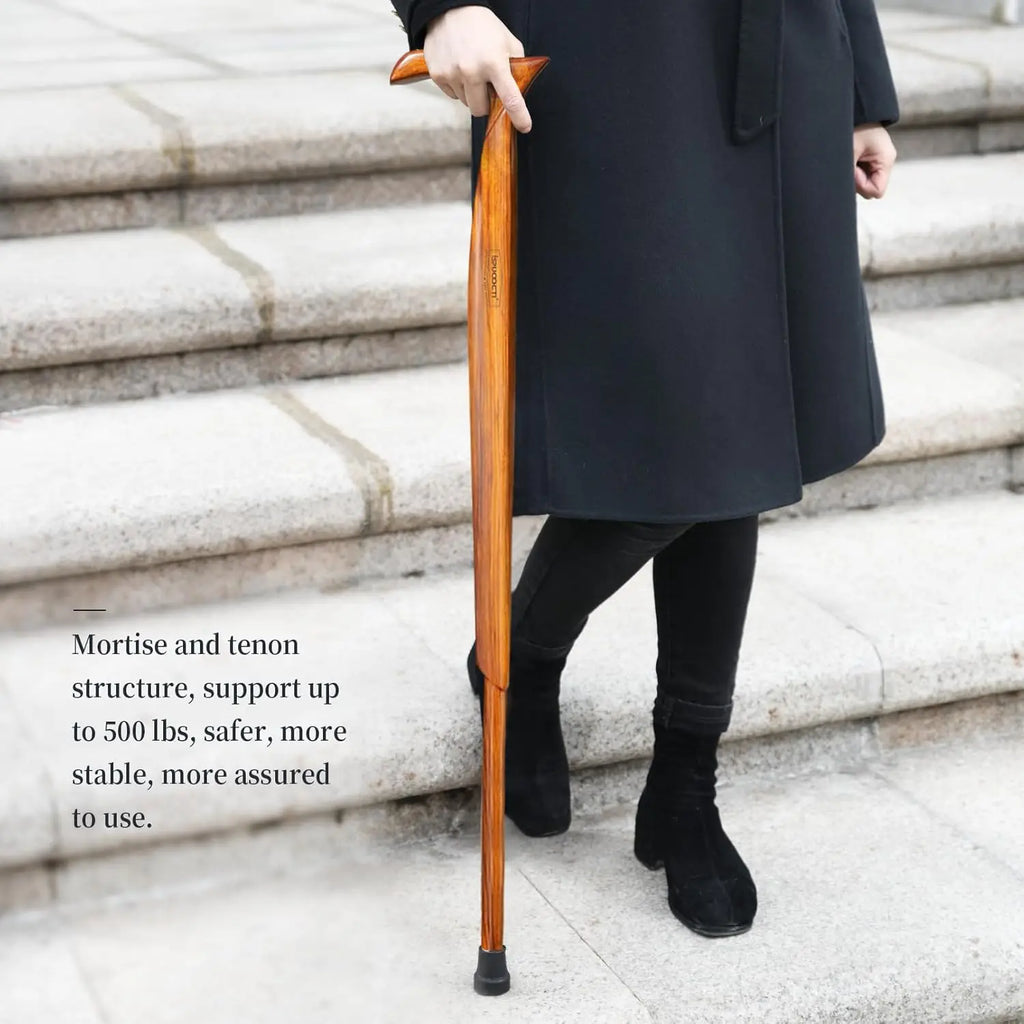 Natural Solid Wood Walking Cane with 3 Rubber Tips, Heavy Duty and Travel Bag - Ergonomic Unisex Cane for Seniors