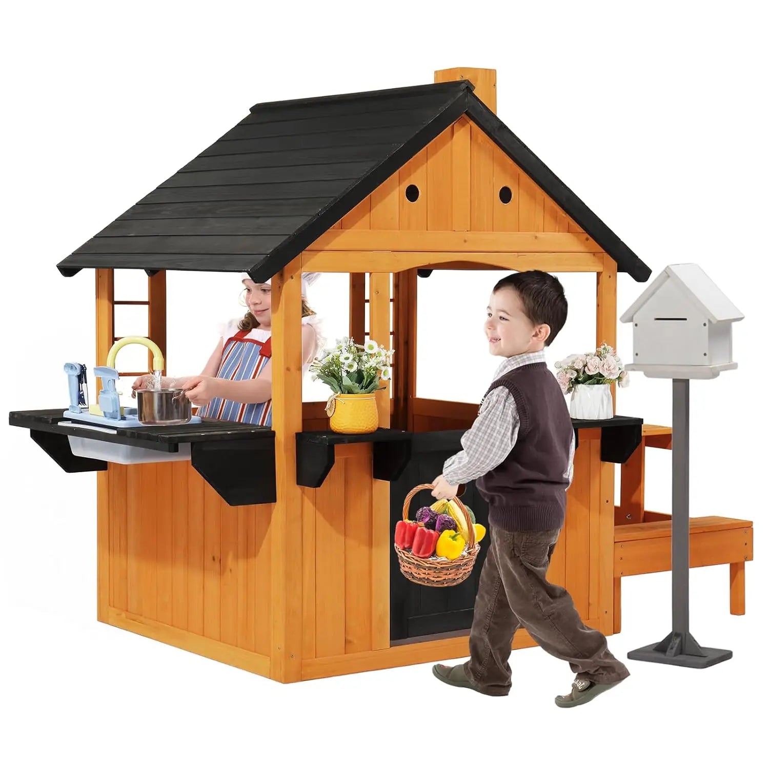 Outdoor Playhouse with Sink Toys, Picnic Table, Mailbox, Spacious Wooden Toddler Playhouse, Customized