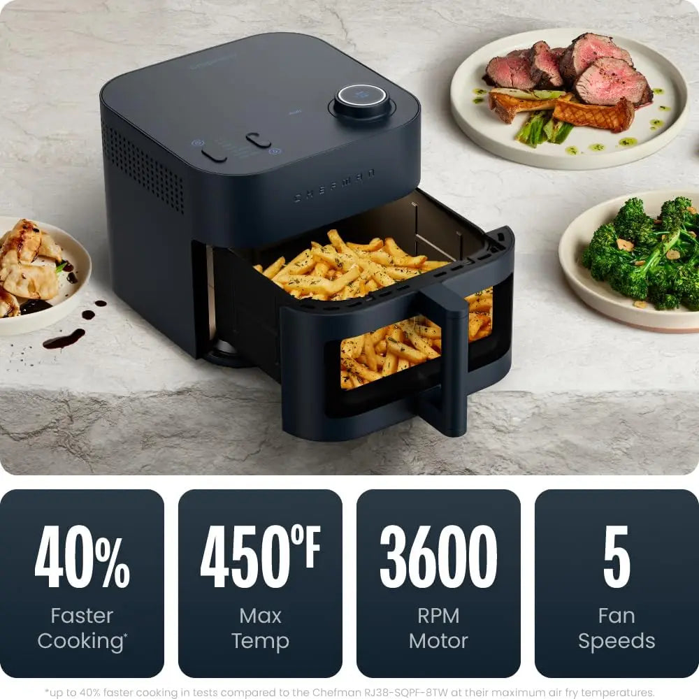 7-in-1 Air Fryer with 8 Qt Capacity, 450°F Max Temp for Fast, Even Cooking, Bake, Broil, Dehydrate
