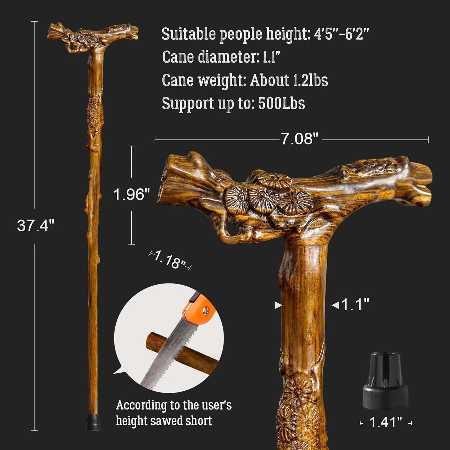 Hand-Carved Wooden Walking Cane with Massage Function, Supports up to 500lbs, High-end Senior Cane Suitable for Gift Giving