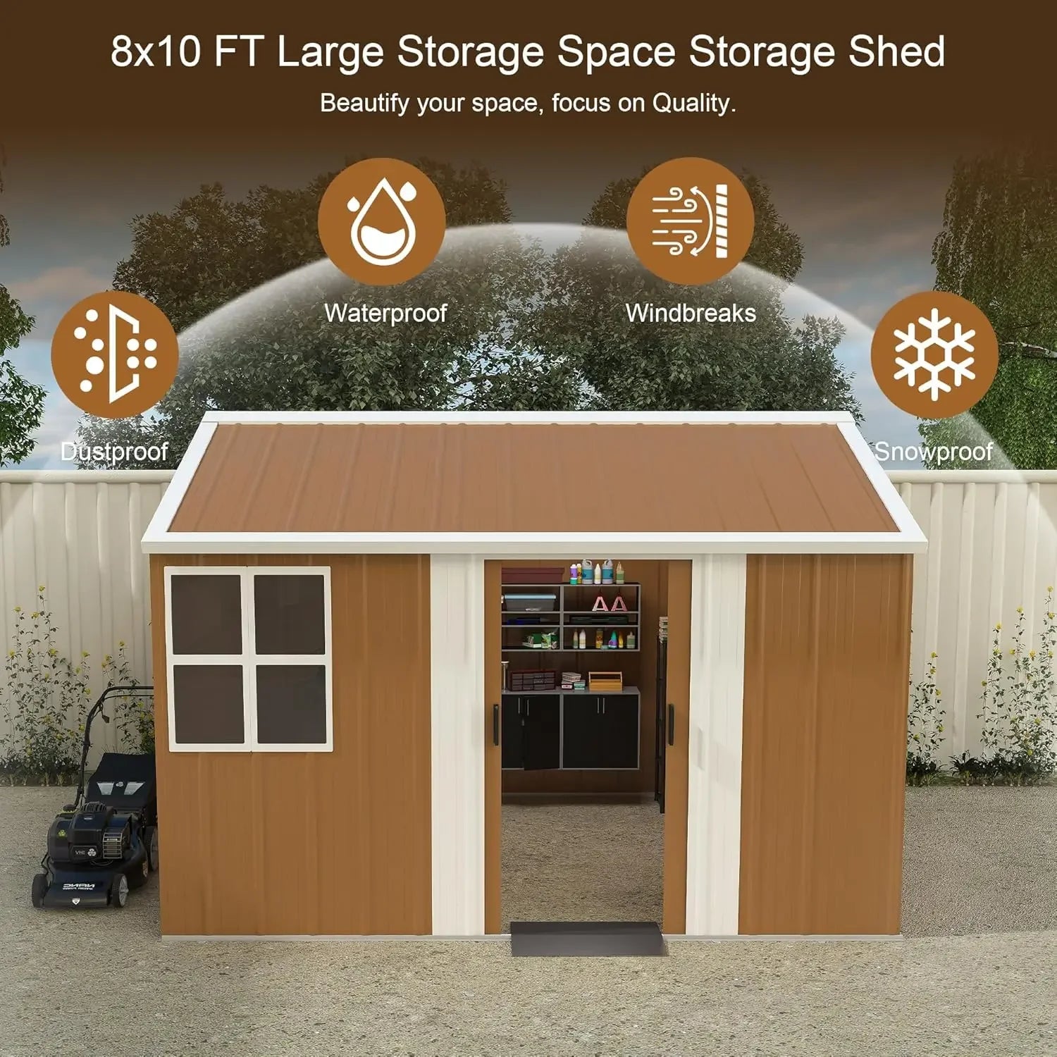 10x8 FT Outdoor Steel Storage Shed with Clear Windows, Sliding Lockable Door & Ventilation, Brown and White Weather-Resistant Me
