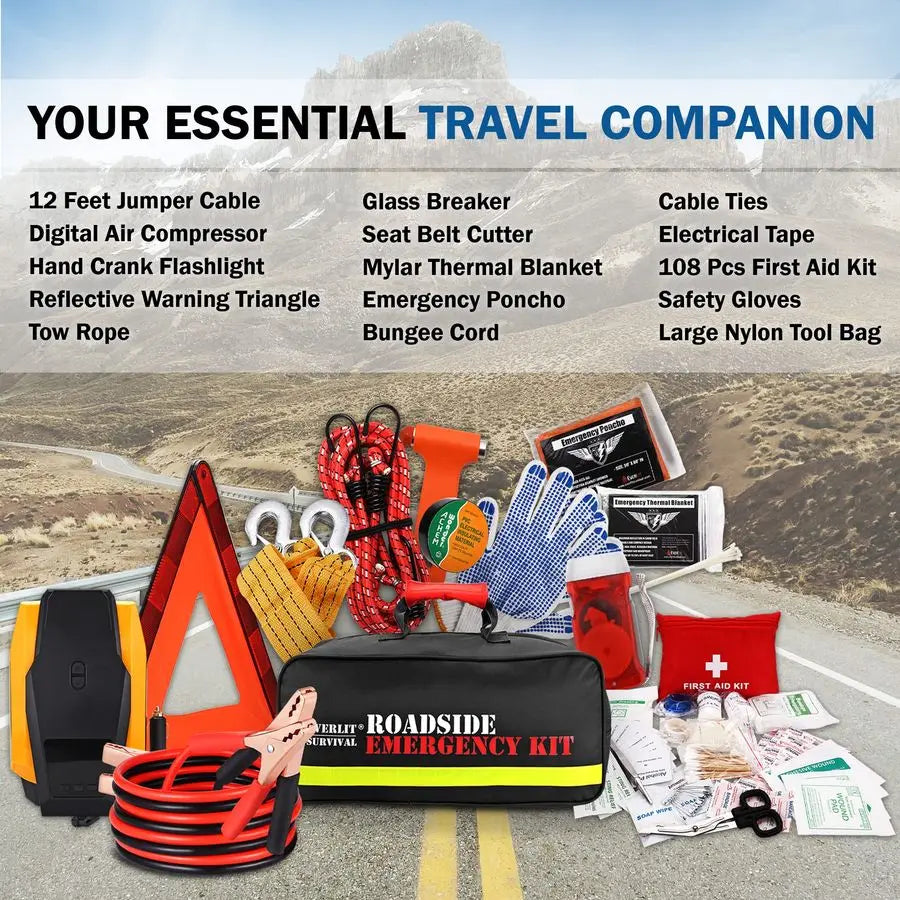 Survival Car Emergency Kit, Roadside Safety Tool Kit with Gloves,Digital Auto Air Compressor Tire Inflator, First Aid Kit, 12 Fe