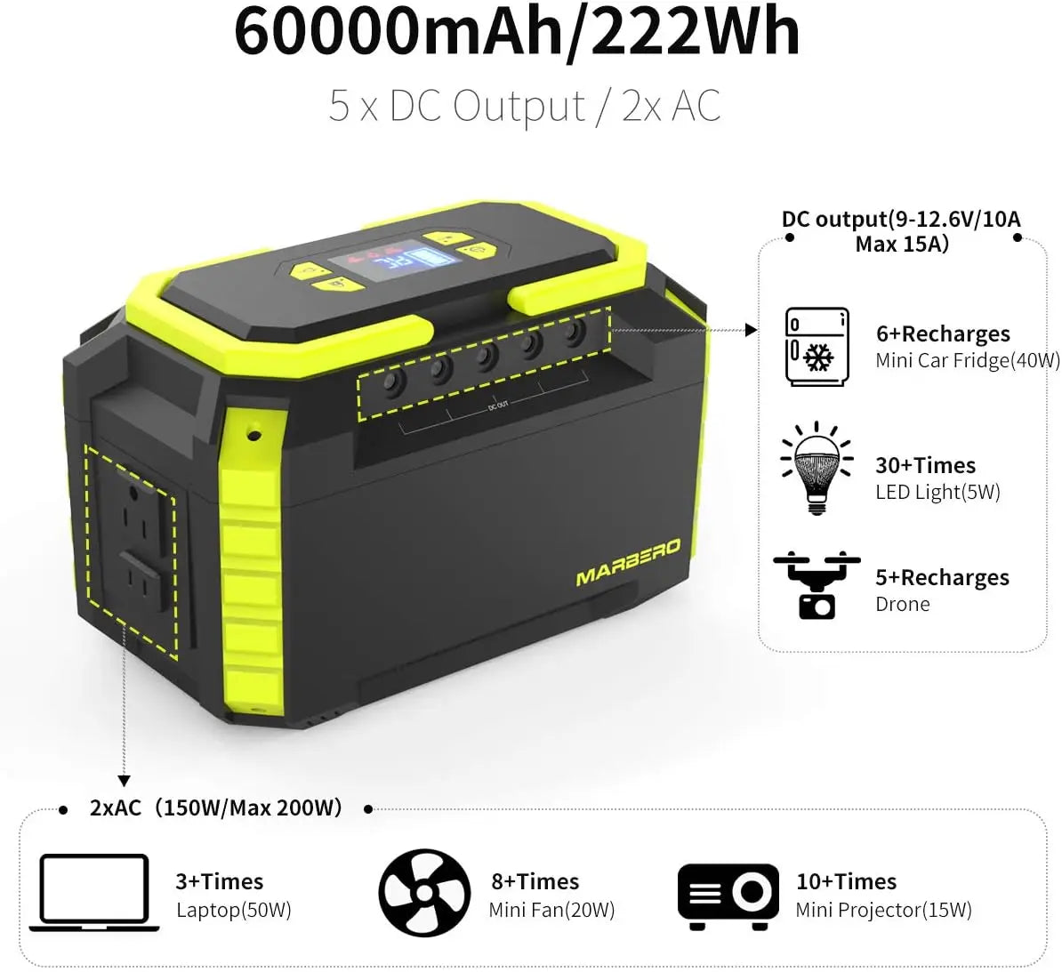 222Wh Portable Power Station with AC Outlet, Solar Generator, 60000mAh Battery for Camping and Emergency Backup